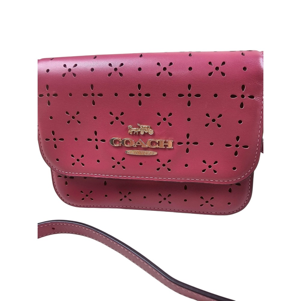 Coach CA792 Berry Pink Leather Laser Cut Floral Crossbody Belt Bag Clutch